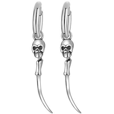 Pendientes de aro góticos para hombre de acero inoxidable con calavera esqueleto largos colgantes punk huggie Foto 1 de 4