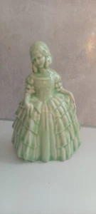 Rare VINTAGE 1930' GREEN POTTERY GLAZED LADY IN CRINOLINE DRESS FIGURINE - Picture 1 of 7
