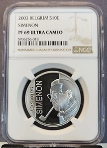 2003 BELGIUM SILVER 10 EURO GEORGES SIMENON NGC PF 69 ULTRA CAMEO TOP POP - Picture 1 of 3