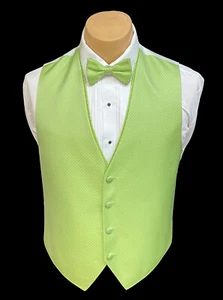 Men's Lime Green Tuxedo Vest with Tie Bow or Long Groom Prom Wedding Party - Picture 1 of 8