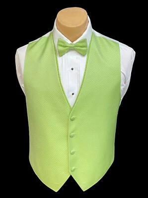 Men's Lime Green Tuxedo Vest with Tie Bow or Long Groom Prom Wedding Party - Image 1 of 3