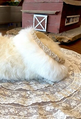 Antique Historical Rabbit Fur Hand Muff Collar Lace Seedbead Ivory VTG Set 3 - Image 1 of 4