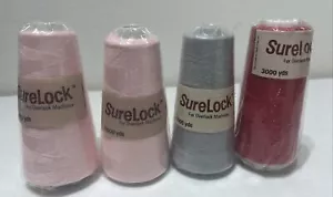 4 Spools SURELOCK for Overlock Machines Thread 3000 yd. each - Grey Pink Red - Picture 1 of 6