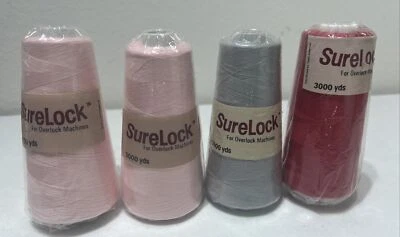 4 Spools SURELOCK for Overlock Machines Thread 3000 yd. each - Grey Pink Red - Image 1 of 4
