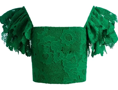 ALICE + OLIVIA TAWNY VERDE ESMERALDA OJALES VOLANTES CROP TOP MUJER TALLA 0 NUEVO CON ETIQUETAS Foto 1 de 4