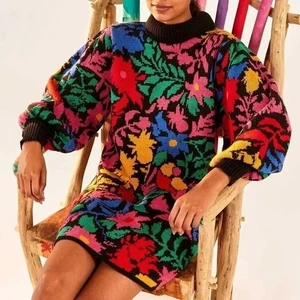 Farm Rio Tropical Garden Vibrant Multi Puff Sleeve Turtleneck Sweater Dress S - Picture 1 of 10