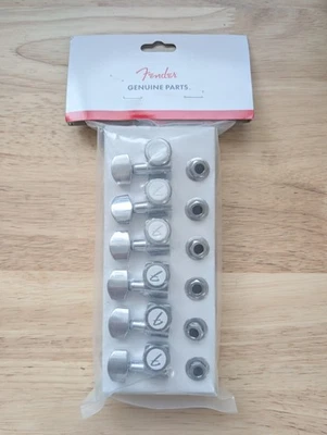 Genuine Fender CHROME LOCKING Tuners 6-InLine 2-pin Strat/Tele F Logo Machines - Image 1 of 3