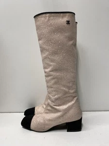 Chanel Women Ivory Glitter Leather Knee High Boots Size 7 - Picture 1 of 11