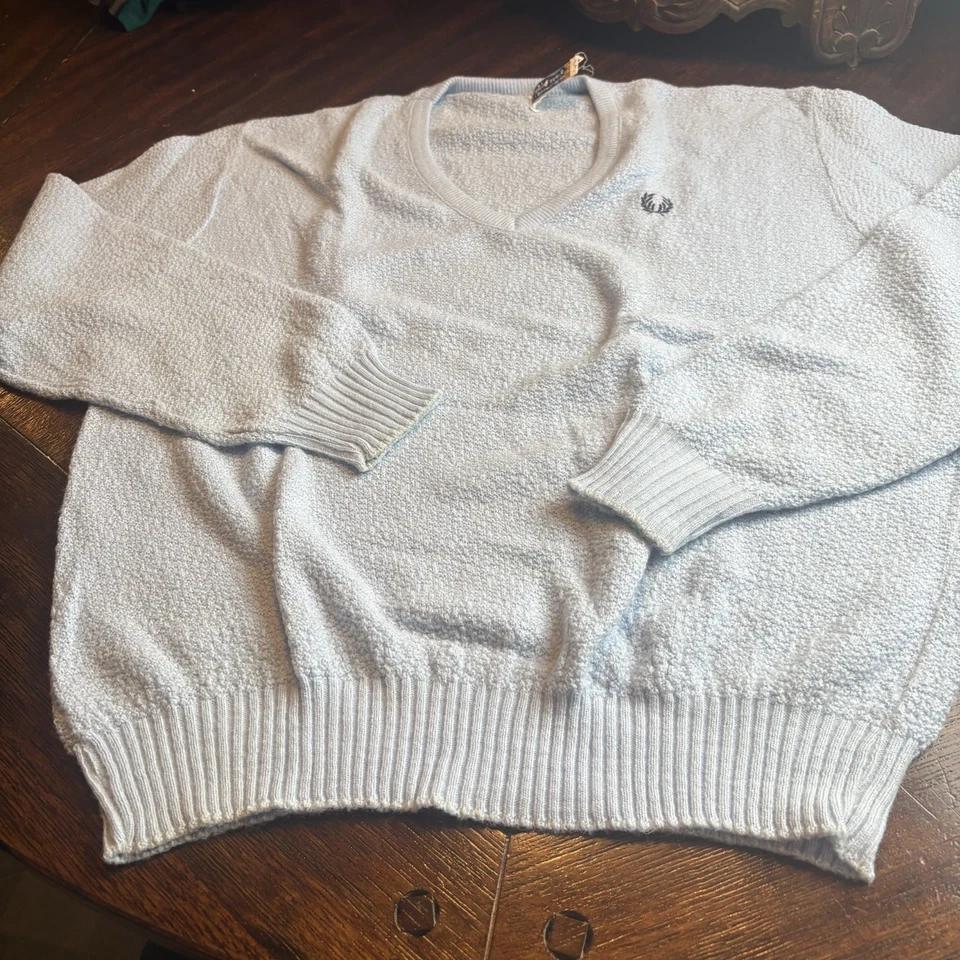 复古 NOS Fred Perry 100% Orlon 丙烯酸浅蓝色 XL 男式毛衣非常柔软 — 第 1/4 张图片