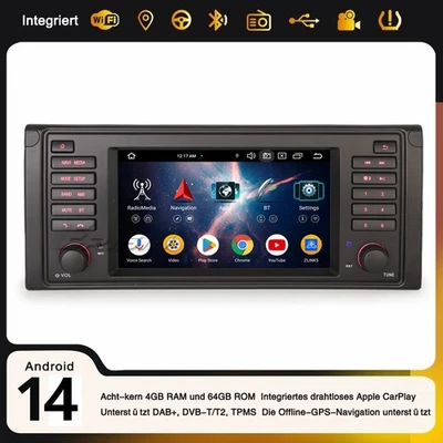 4GB+64GB 8-Kern Android 14.0 DAB+ Autoradio Navi Carplay DSP Wifi BMW 5er E39 M5 - Bild 1 von 4
