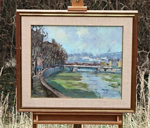 Pintura al óleo italiana vintage - Escena del río Génova con puente, Génova, firmada - Imagen 1 de 7