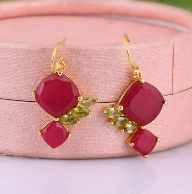 Ruby And Peridot 925 Sterling Silver 18k Gold Plated Bridal Dangle Earrings - Image 1 of 4