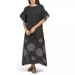 NWT LE RAGAZZE Made In Italy Black/White Floral Hem Linen Maxi Dress Size L - Picture 1 of 10