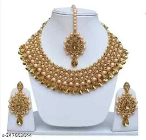 Indisches Bollywood vergoldet Kundan Halsband Braut Halskette Ohrringe Schmuck Set - Bild 1 von 5