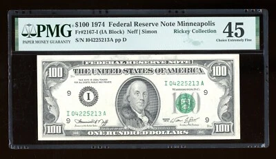DBR 1974 $100 FRN Minneapolis Fr. 2167-I PMG 45 Serial I04225213A - Image 1 of 2