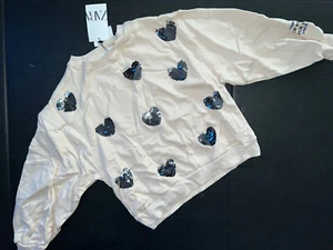 Zara KIDS SWEATER PULLOVER 9 long-sleeve top CREAM beige silver sequined hearts - Picture 1 of 7