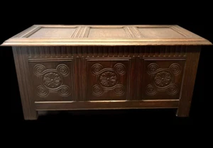 Solid Oak Three Panel Hand Carved Coffer /Blanket Chest/ Trunk - Picture 1 of 12