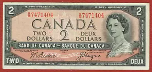 Banco de Canadá 1961-72 $2 Beattie-Coyne (BC-38a) PREFIJO R/B EN MUY BUEN ESTADO - Imagen 1 de 2