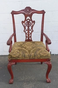 Vintage Chippendale Carved Accent Chair Red Tone Wood Frame Tan Fabric - Picture 1 of 12