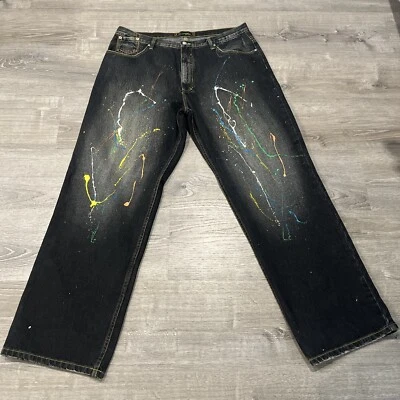 Y2K Miskeen Skater Baggy Wide Leg Jeans 40W  Grunge Cyberpunk Embroidered Rave - Image 1 of 4