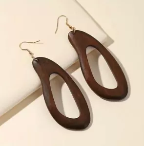 WOODEN SWINGING 60s Large Round Hoop Drop Earrings 70s 80s Boho Chic Wedding UK - Picture 1 of 4