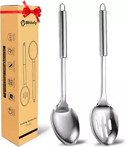 Pack de 2 Juego de cucharas de cocina de acero inoxidable, cuchara de cocina grande con mango redondo, - Imagen 1 de 12