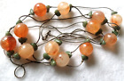 Necklace 60" L Silver Tn Chain w/Spaced Green Stones & Round Orange Beads Marble