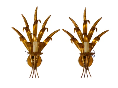 Nice vintage Pair of French Gilt Metal Ear of Wheat Sconces Hollywood Regency - Image 1 of 4