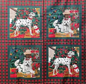 vtg Christmas Dogs Squares Fabric Panel Plaid Gold Metallic Maltese Dalmatian 2Y - Picture 1 of 7