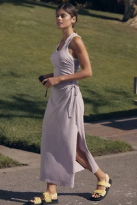 Daily Practice Anthropologie Game Time Ruched Midi Dress L Lavender Crochet Trim - Picture 1 of 15