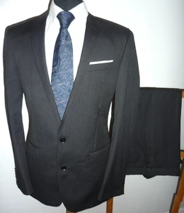 NEXT Mens Black Stripe Wool 2 Piece Suit 40 R Tailored Jacket Trousers W 32 L 31 - Picture 1 of 9