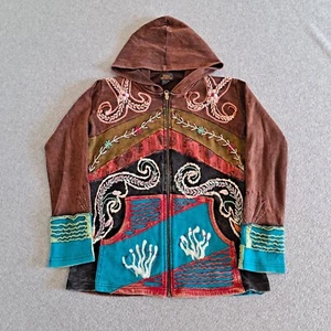 Rising International Hoodie Woman Medium Brown Jacket Embroidered Boho Artsy Y2K - Picture 1 of 7