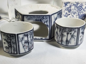 TOYO Japanese Porcelain  Stand  & Teacups  White & Blue - Picture 1 of 3