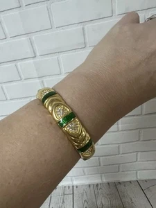 JOAN RIVERS Gold Plated Green Enamel Rhinestone Hinged Bangle Designer BRACELET - Picture 1 of 15