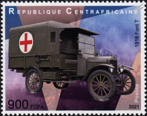WWI 1916 FORD Model T Truck Ambulance Stamp (2021 Central Africa Republic) Cover