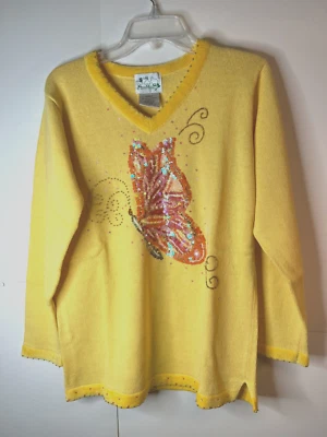 Quacker Factory Women's Small Pullover Sweater Yellow Butterfly Sequins Beads - Image 1 of 4