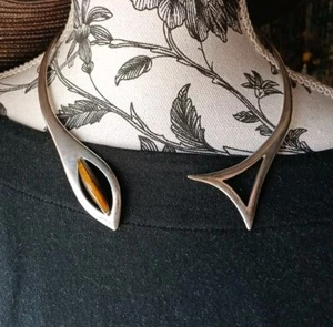 Modernist MCM Taxco Necklace Statement Heavy Sterling 79g Tigers Eye Fish Signed - Picture 1 of 22