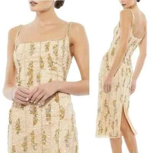NWT Mac Duggal 10770 Beaded Square Neck Midi Dress Sz 4 Nude Gold - Picture 1 of 9