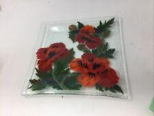 PEGGY KARR 9.5” FUSED GLASS SQUARE DISH RED FLOWERS Signed By Artist