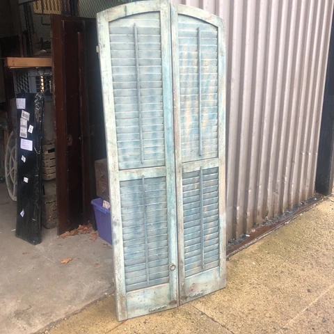 Tall pair c1880 arched top window house shutter panels 71” x 15 3/8w blue green Cover