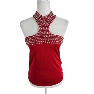 Metrostyle Vintage 90er Pailletten Perlen Neckholder Top Small rot silber - Bild 1 von 14