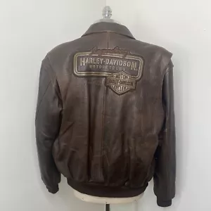 Giacca pelle marrone Harley Davidson taglia L bomber logo goffrato borse rimovibili - Foto 1 di 21