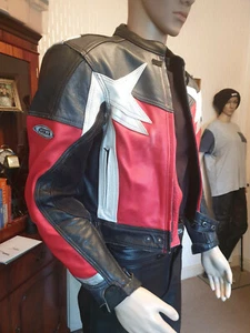 ashman genuine leather motorcycle jacket & trousers in red & black uk 40.unisex. - Picture 1 of 12