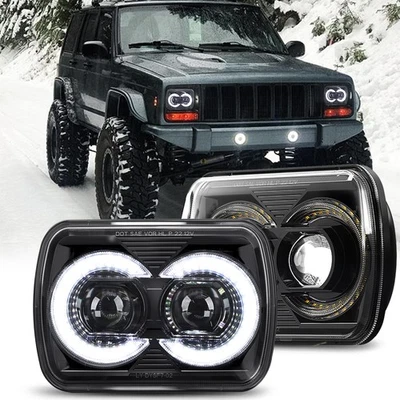 New Pair 5x7" LED Headlights Halo DRL For Jeep Cherokee XJ 1984-2001 Wrangler YJ - Image 1 of 4