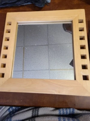 Decorative Mirror W/cutouts. Light Colored Solid Wood Frame. About 11" Square - Image 1 of 3