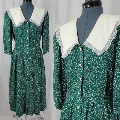 Vestido blusa verde vintage Ronni Nicole com floral creme e colarinho tamanho 14 - Imagem 1 de 4