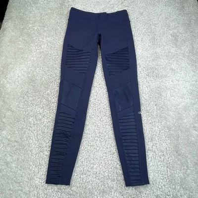 Legging feminina ALO mista moto couro sintético malha cintura baixa azul marinho pequena - Imagem 1 de 4