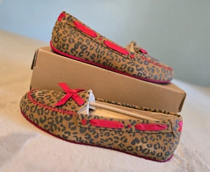 I Heart ❤ UGG Australia Belle Moc Slipper Chestnut/Red/Leopard Fur Wool Suede 10 - Picture 1 of 13