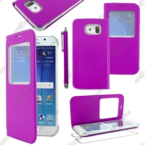 Housse Coque Etui Fen�tre PU Cuir Violet pour Samsung Galaxy S6 G920F + Stylet - Photo 1 sur 1
