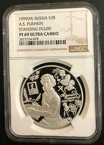 1999 (M) RUSSIA 3 Roubles A.S. PUSHKIN STANDING FIGURE NGC PF 69 ULTRA CAMEO - Picture 1 of 3